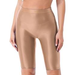 YiZYiF Damen Shiny Metalic Leggings Glanz Glossy Kurze Hose Sport Fitness Tanz Shorts Hochglanzgamaschen Pants High Waist A_Kaffee XL von YiZYiF