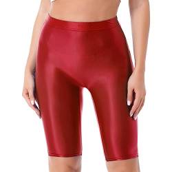 YiZYiF Damen Shiny Metalic Leggings Glanz Glossy Kurze Hose Sport Fitness Tanz Shorts Hochglanzgamaschen Pants High Waist A_Rot M von YiZYiF