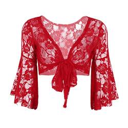 YiZYiF Damen Spitzen Bolero Bauchtanz Oberteil Langarm Vorne Offen Cardigan Shrug Tops Bikini Cover Up Wickeljacke zum Tanzkleid Abendkleid Rot Einheitsgröße von YiZYiF