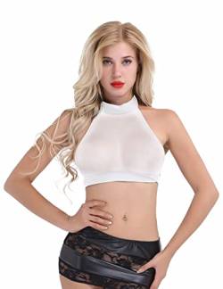 YiZYiF Damen Transparent Crop Tops Neckholder Tanktop Mesh Bustier Top Kurze Netz Shirts Rückenfrei S-4XL Weiß 4XL von YiZYiF