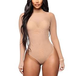 YiZYiF Damen Transparent Mesh Bodysuit Langarm Mesh Shirt Body Einteiliger Dessous Reizwäsche Nude D L von YiZYiF