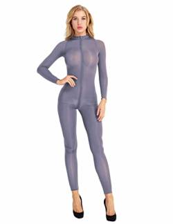 YiZYiF Damen Transparente Catsuit Ouvert-Body Dessous Bodystocking Ganzkörper Strumpfhose Eng Overall Jumpsuit Fetisch Clubwear Grau L von YiZYiF