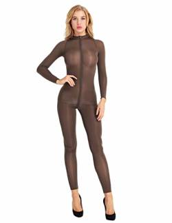 YiZYiF Damen Transparente Catsuit Ouvert-Body Dessous Bodystocking Ganzkörper Strumpfhose Eng Overall Jumpsuit Fetisch Clubwear Kaffee L von YiZYiF