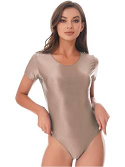 YiZYiF Damen Wetlook Body Glänzend Bodysuit Kurzarm Ärmellos Rundhals Glossy Overall aus Nylon für Sport Yoga Schwimmen Kaffee_B XL von YiZYiF