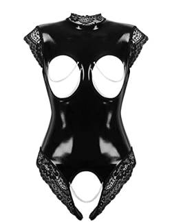 YiZYiF Damen Wetlook Bodysuit Brust Offen Catsuit Stringbody High Cut Erotik Lack Leder Dessous Babydoll Lingerie Crotchless Schwarz M von YiZYiF