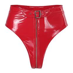 YiZYiF Damen Wetlook Slip Lack Leder Hotpants mit Reißverschluss Hohe Taille Latex Leder Booty Shorts Erotik Dessous Unterhose Rot F M von YiZYiF