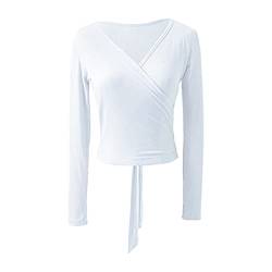 YiZYiF Damen Wickeljacke Langarm Kurzarm V Ausschnitt Wickel Tops Schulterjacke Shrug Top Ballett Tanz Gymnastik Oberteil T-Shirts Blusen Elfenbein_C M von YiZYiF