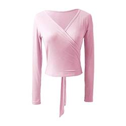 YiZYiF Damen Wickeljacke Langarm Kurzarm V Ausschnitt Wickel Tops Schulterjacke Shrug Top Ballett Tanz Gymnastik Oberteil T-Shirts Blusen Rosa_C L von YiZYiF