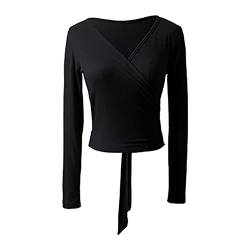 YiZYiF Damen Wickeljacke Langarm Kurzarm V Ausschnitt Wickel Tops Schulterjacke Shrug Top Ballett Tanz Gymnastik Oberteil T-Shirts Blusen Schwarz_C M von YiZYiF