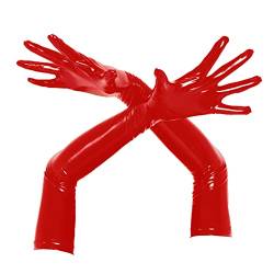 YiZYiF Frauen Glänzend Faux Leder Handschuhe Lange Sexy Stretch Latex Handschuhe Ärmel Stulpen Schwarz Rot Gogo Clubwear Rot M von YiZYiF