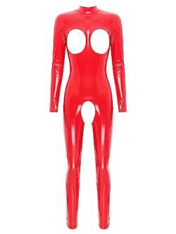 YiZYiF Frauen Wetlook Bodysuit Catsuit Leder Overall Ouvert mit Reißverschluss Ganzkörper Kostüm Stage Party Clubwear Rot W 4XL von YiZYiF