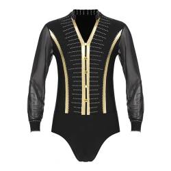 YiZYiF Herren Body Langarm V-Ausschnitt Tanzbody Latein Obeteile Leotard Overalls Männerbody Tango Rumba Tanzshirts Ballsaal Party Tanzkleidung Schwarz_B M von YiZYiF