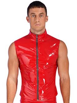 YiZYiF Herren Latex Leder Tops T-Shirt Mit Stehkragen Männer Glänzend Lack Jacke Unterhemd Muskelshirt Stretch Clubwear M-4XL Rot_B L von YiZYiF