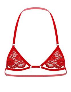 YiZYiF Herren Sissy BH Spitze Bikini Top Neckholder Offen-Nippel Bralette Oberteil Männer Crossdresser Unterhemd Erotik Dessous Unterwäsche Rot B One Size von YiZYiF