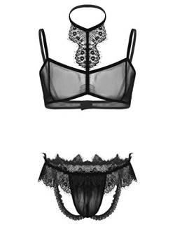 YiZYiF Herren Sissy Dessous Outfit Spitze Mesh BH mit Jockstrap Tanga String Männer Crossdresser Nachtwäsche Transparent Unterwäsche Schwarz_A XXL von YiZYiF