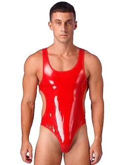 YiZYiF Herren Wetlook Body Sexy Lack Leder Bodysuit Jumpsuit Ouvert Thong Leotard Fetisch Erotische Kostüme Party Clubwear G_Rot XL von YiZYiF