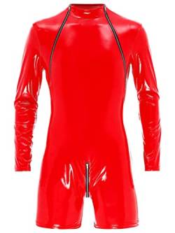 YiZYiF Herren Wetlook Bodysuit Jumpsuit Kurz Latex Leder-Optik Männerbody Dessous Unterhemd Leotard mit Reißverschluss Schwarz S-4XL Rot G XXL von YiZYiF