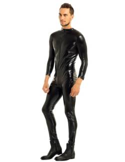 YiZYiF Herren Wetlook Bodysuit Overall Lack Leder Jumpsuit Gummi Latex Ganzkörperanzug Erotik Reizwäsche Party CluubwearS-3XL Schwarz XL von YiZYiF