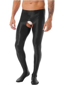 YiZYiF Herren Wetlook Strumpfhosen Glänzend Sexy Leggings mit Offenem Schritt Nylon Erotik Glanz Lang Unterwäsche Clubwear Schwarz XL von YiZYiF