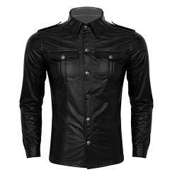 YiZYiF Herren Wetlook T-Shirt Lack Leder Hemd Langarmshirt Slim Fit Muskelshirt Männer Freizeithemd mit Brusttaschen Party Top Gogo Clubwear Schwarz L von YiZYiF