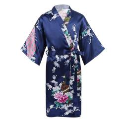 YiZYiF Japanischen Stil Mädchen Kimono Bademantel Kleid Satin Morgenmantel mit Gürtel Kinder Pyjama Robe Schlafanzug Nachtwäsche gr.98-164 Marineblau 146-158 von YiZYiF