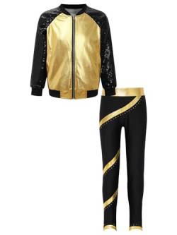 YiZYiF Kinder Mädchen 80er Jahre Trainingsanzug Disco Girl Outfit Glänzende Sweatjacke Leggings Set Party Fasching Kostüm Jazz Streetdance Kleidung Gold_A 146-152 von YiZYiF