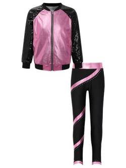 YiZYiF Kinder Mädchen 80er Jahre Trainingsanzug Disco Girl Outfit Glänzende Sweatjacke Leggings Set Party Fasching Kostüm Jazz Streetdance Kleidung Rosa_A 110-116 von YiZYiF