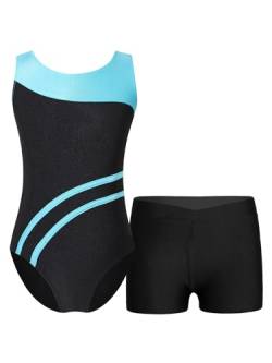 YiZYiF Kinder Mädchen Turnanzug Shorts Set Gymnastik Leotards Ballett Trikot Tanz Body mit Kurze Hose Wettbewerb Sport Yoga Set Tanzkostüm E_Blaugrün&Schwarz 158-164 von YiZYiF