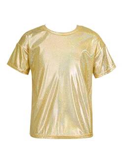 YiZYiF Kinder Metallic T-Shirt Mädchen Jungen Glänzend Shirt Top Hip Hop Jazz Festival Performance Party Tanzkleidung Oberteil Gold 110-116/5-6 Jahre von YiZYiF