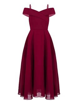 YiZYiF Mädchen Festliches Kleid Elegante Hochzeit Brautjungfern Kleider Partykleid Schulterfrei Chiffon Prinzessin Kleider Maxilang A Burgundy 134-140/9-10 Jahre von YiZYiF