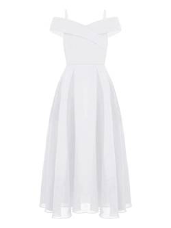 YiZYiF Mädchen Festliches Kleid Elegante Hochzeit Brautjungfern Kleider Partykleid Schulterfrei Chiffon Prinzessin Kleider Maxilang A Weiß 170-176 von YiZYiF