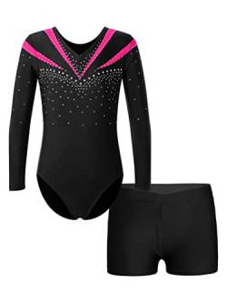 YiZYiF Mädchen Gymnastikanzug Mit Kurzer Hose Langarm Turntrikot Tanztrikot Ballett Leotard Und Shorts Set Sport Wettbewerb Tanzkleidung D_Pink 122-128/7-8 Jahre von YiZYiF