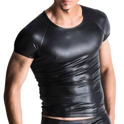 YiZYiF Männer Herren Metallic Glänzend T-Shirt Unterhemd 80er 70er Disco Party Kostüm Bronzing Festival Nachtclub Oberteil Kurzarm/Langarm Schwarz H L von YiZYiF