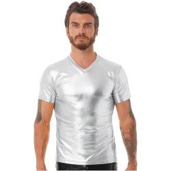 YiZYiF Männer Herren Metallic Glänzend T-Shirt Unterhemd 80er 70er Disco Party Kostüm Bronzing Festival Nachtclub Oberteil Kurzarm/Langarm Silber C XXL von YiZYiF