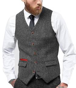 Yiaisafa Business Herren Jaged Anzug Tweed Weste Retro Herringbone Weste Vintage Gilet Wollen Westen Hochzeit Bräutigam(Grau,L) von Yiaisafa