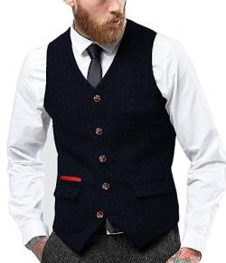 Yiaisafa Business Herren Jaged Anzug Tweed Weste Retro Herringbone Weste Vintage Gilet Wollen Westen Hochzeit Bräutigam(Marine,L) von Yiaisafa