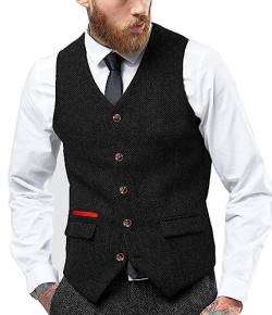 Yiaisafa Business Herren Jaged Anzug Tweed Weste Retro Herringbone Weste Vintage Gilet Wollen Westen Hochzeit Bräutigam(Schwarz,L) von Yiaisafa