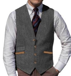 Yiaisafa Herren Anzug Tweed Weste Retro Jaged Weste Herringbone Vintage Gilet Wollen Westen Hochzeit Bräutigam S-3XL(Grau,L) von Yiaisafa