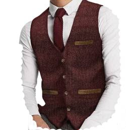 Yiaisafa Herren Tweed Anzug Weste Jaged Herringbone Weste Vintage Retro Wollen Hochzeit Bräutigam Gilet S-3XL(Burgund,L) von Yiaisafa