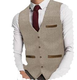 Yiaisafa Herren Tweed Anzug Weste Jaged Herringbone Weste Vintage Retro Wollen Hochzeit Bräutigam Gilet S-3XL(Champagner,XL) von Yiaisafa