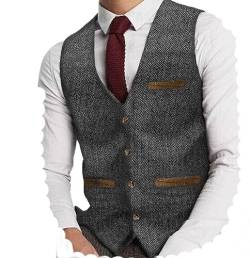 Yiaisafa Herren Tweed Anzug Weste Jaged Herringbone Weste Vintage Retro Wollen Hochzeit Bräutigam Gilet S-3XL(Grau,S) von Yiaisafa