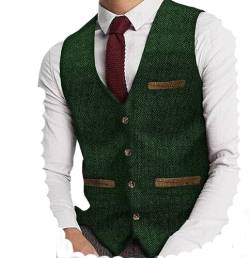 Yiaisafa Herren Tweed Anzug Weste Jaged Herringbone Weste Vintage Retro Wollen Hochzeit Bräutigam Gilet S-3XL(Grün,L) von Yiaisafa