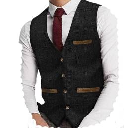 Yiaisafa Herren Tweed Anzug Weste Jaged Herringbone Weste Vintage Retro Wollen Hochzeit Bräutigam Gilet S-3XL(Schwarz,XL) von Yiaisafa