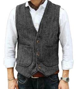 Yiaisafa Hipster Jaged Herren Anzug Tweed Westen Notch Retro Herringbone Weste Vintage Hochzeit Gilet Wollen Bräutigam(Grau,XXXL) von Yiaisafa