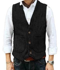 Yiaisafa Hipster Jaged Herren Anzug Tweed Westen Notch Retro Herringbone Weste Vintage Hochzeit Gilet Wollen Bräutigam(Schwarz,XXXL) von Yiaisafa