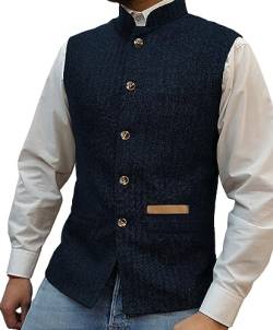 Yiaisafa Jaged Herren Stand-Up Kragen Tweed Westen Retro Herringbone Weste Vintage Hochzeit Gilet Wollen Bräutigam S-3XL(Blau Marine,XXXL) von Yiaisafa