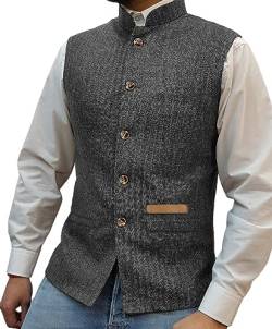 Yiaisafa Jaged Herren Stand-Up Kragen Tweed Westen Retro Herringbone Weste Vintage Hochzeit Gilet Wollen Bräutigam S-3XL(Grau,XL) von Yiaisafa