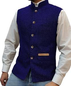 Yiaisafa Jaged Herren Stand-Up Kragen Tweed Westen Retro Herringbone Weste Vintage Hochzeit Gilet Wollen Bräutigam S-3XL(Königsblau,M) von Yiaisafa