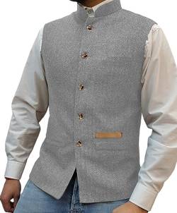 Yiaisafa Jaged Herren Stand-Up Kragen Tweed Westen Retro Herringbone Weste Vintage Hochzeit Gilet Wollen Bräutigam S-3XL(Silber,M) von Yiaisafa