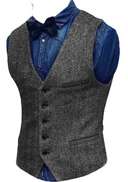 Yiaisafa Jaged Herren Weste Tweed Anzug Weste Herringbone Retro Vintage Wollen Hochzeit Business Bräutigam S-3XL(Grau,L) von Yiaisafa